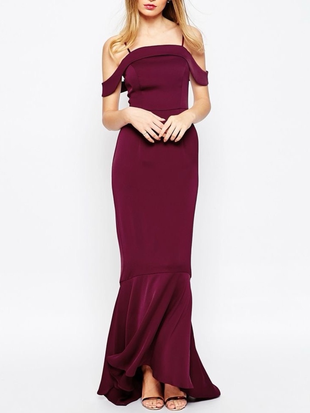 ASOS WEDDING Off The Shoulder Bardot Fishtail Maxi Dress in Oxblood